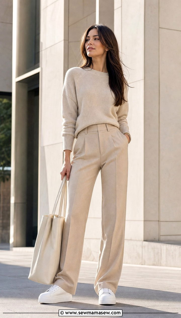 Monochromatic beige knit set with white sneakers - 25 spring outfits for long torso women
