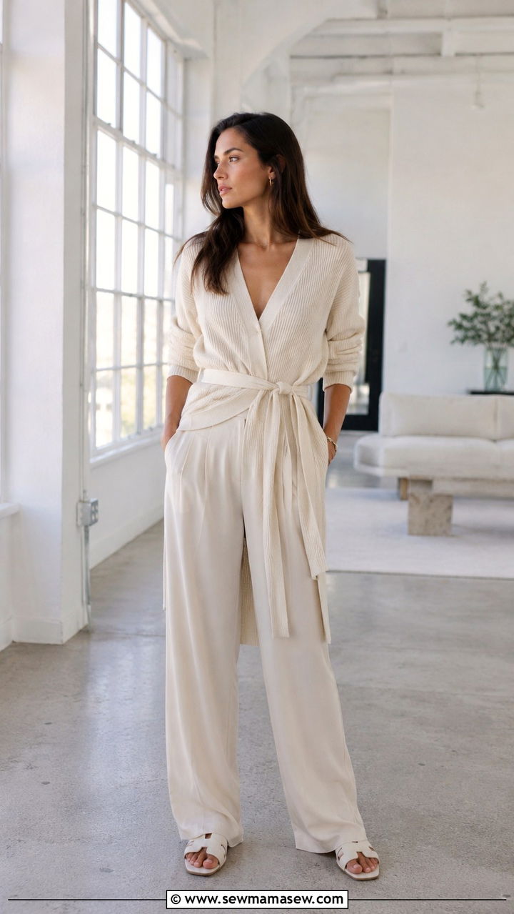 Monochromatic cream look with a belted cardigan and slide sandals - 25 Work outfit ideas for Wednesday