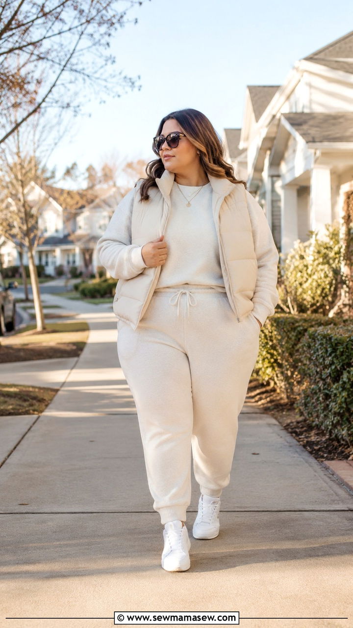 Monochromatic sweatsuit mom loungewear outfit - 30 Plus size outfit ideas for moms