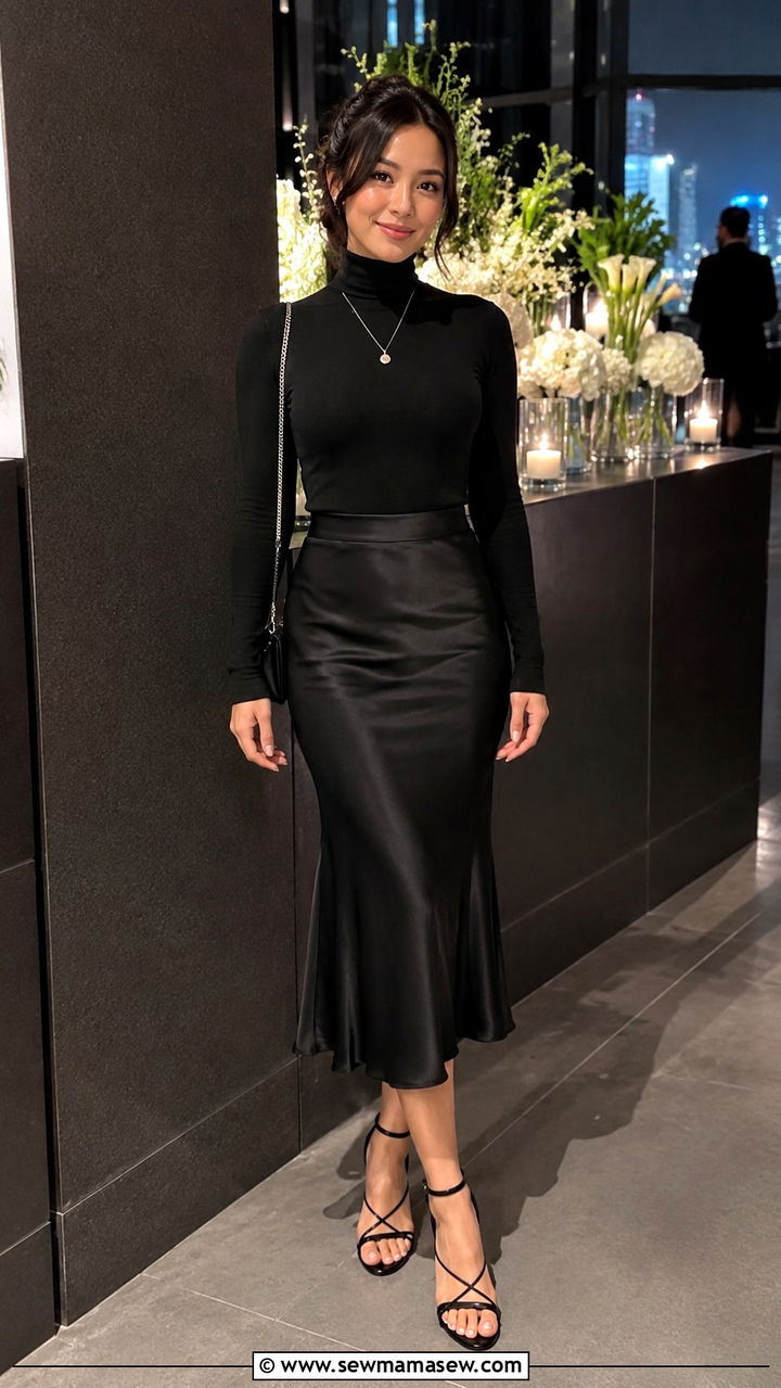 Monochrome All Black Midi Skirt Outfit With Strappy Heels - 25 Petite outfit ideas with midi skirt
