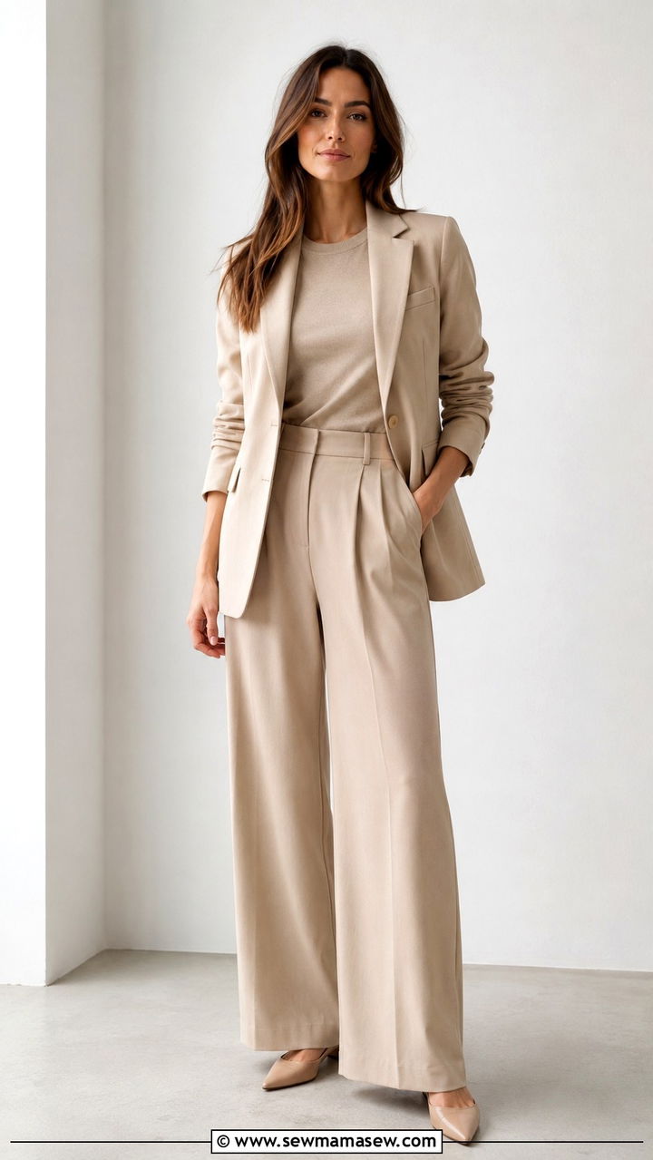 Monochrome Beige Blazer With Wide Leg Pants Outfit - 25 Work outfits for startup