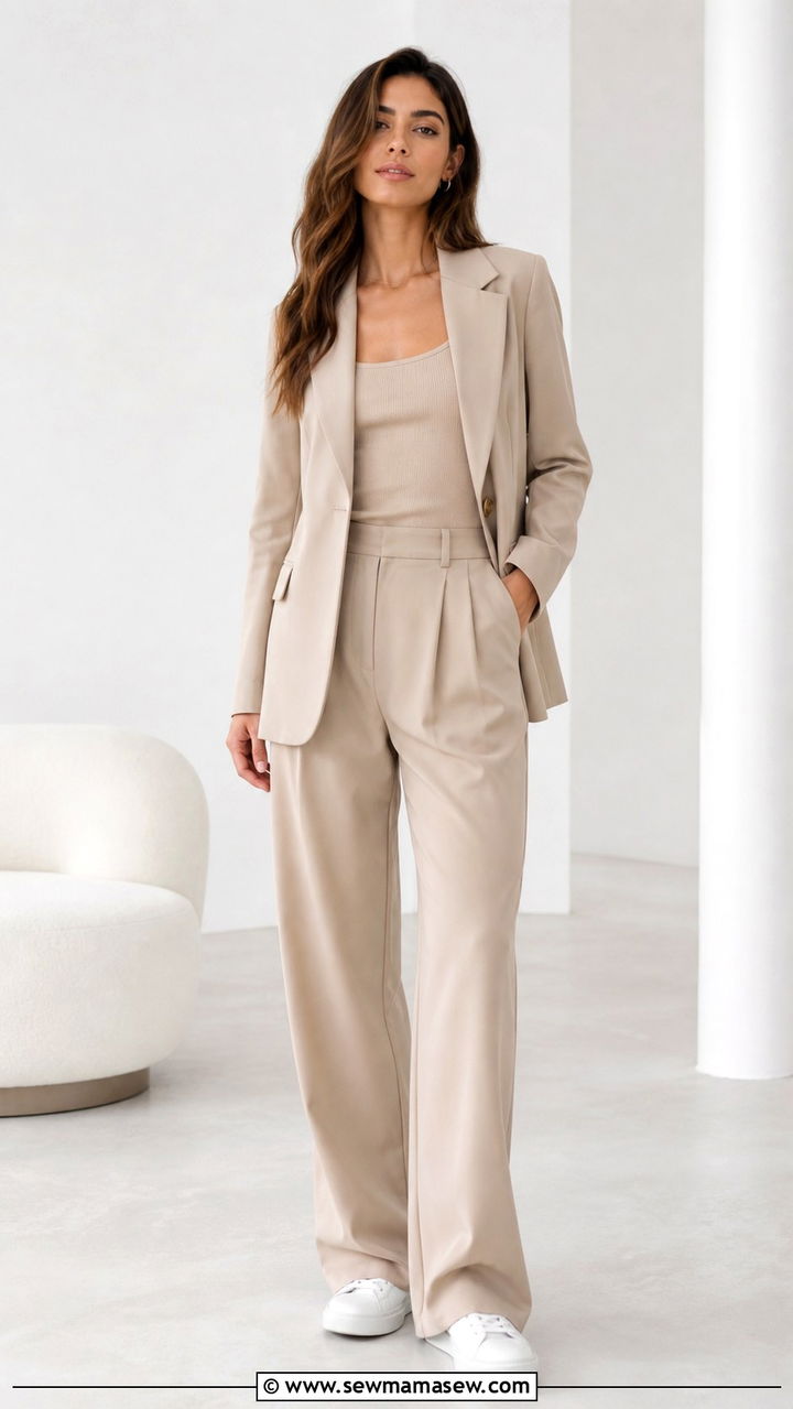 Monochrome Beige Blazer and Matching Trousers with Sneakers - 40 Business casual outfit ideas for women