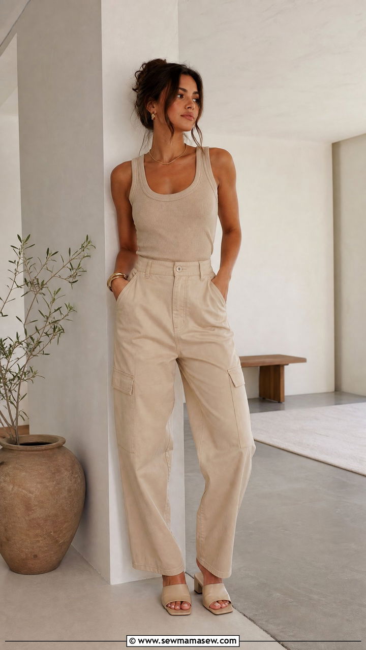 Monochrome Beige Cargo Pants With A Matching Knit Tank And Mules - 25 cargo pants outfits inspo