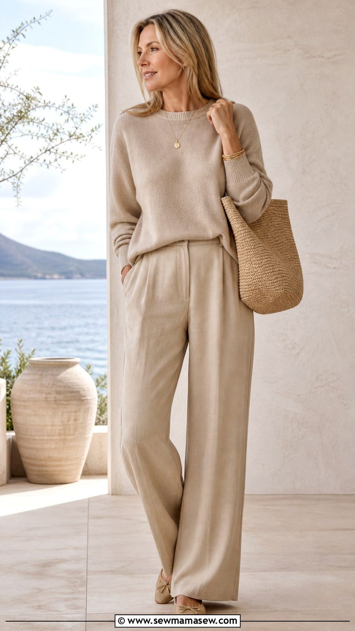 Monochrome Beige Cashmere Set with Wide Leg Trousers Outfit - 40 coastal grandmother outfits