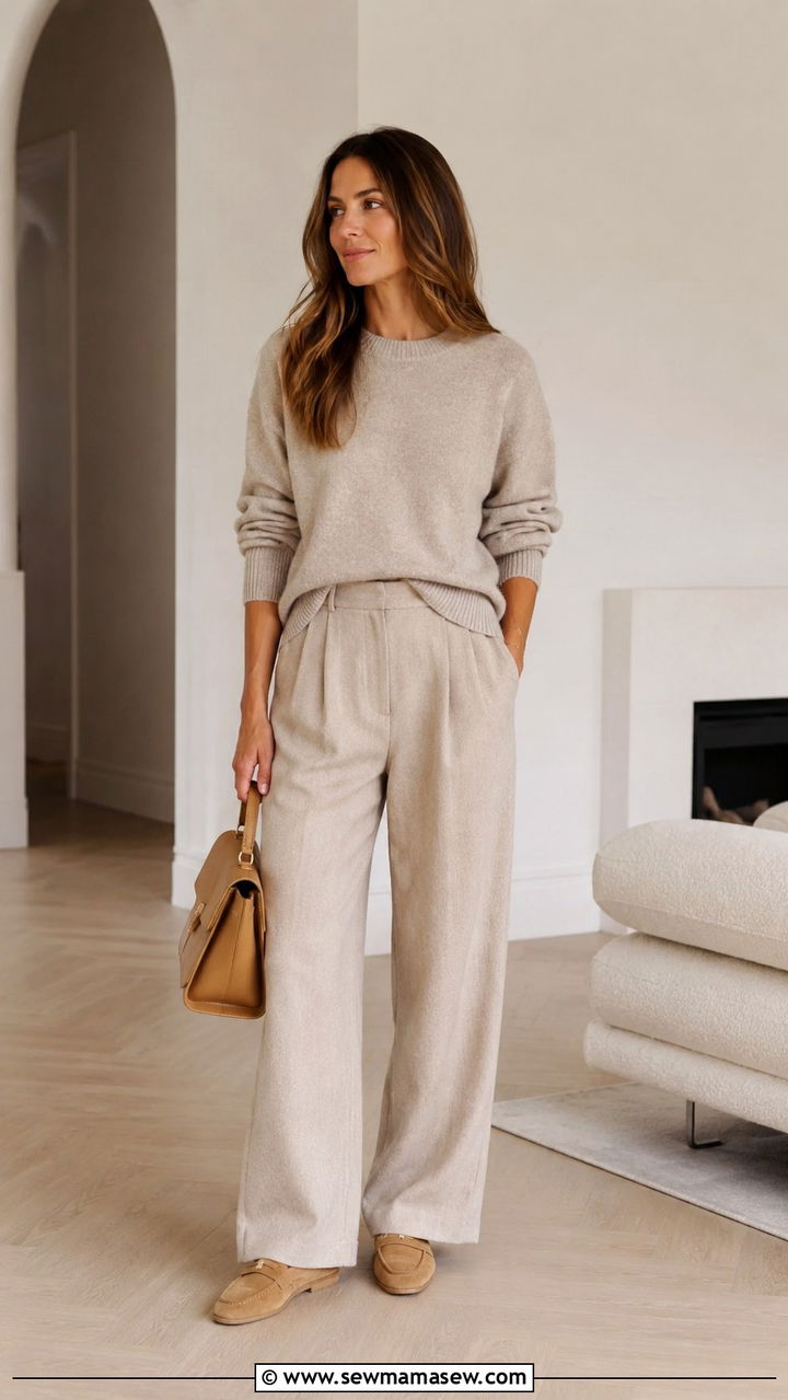 Monochrome Beige Cashmere and Trousers - 30 old money outfits to copy
