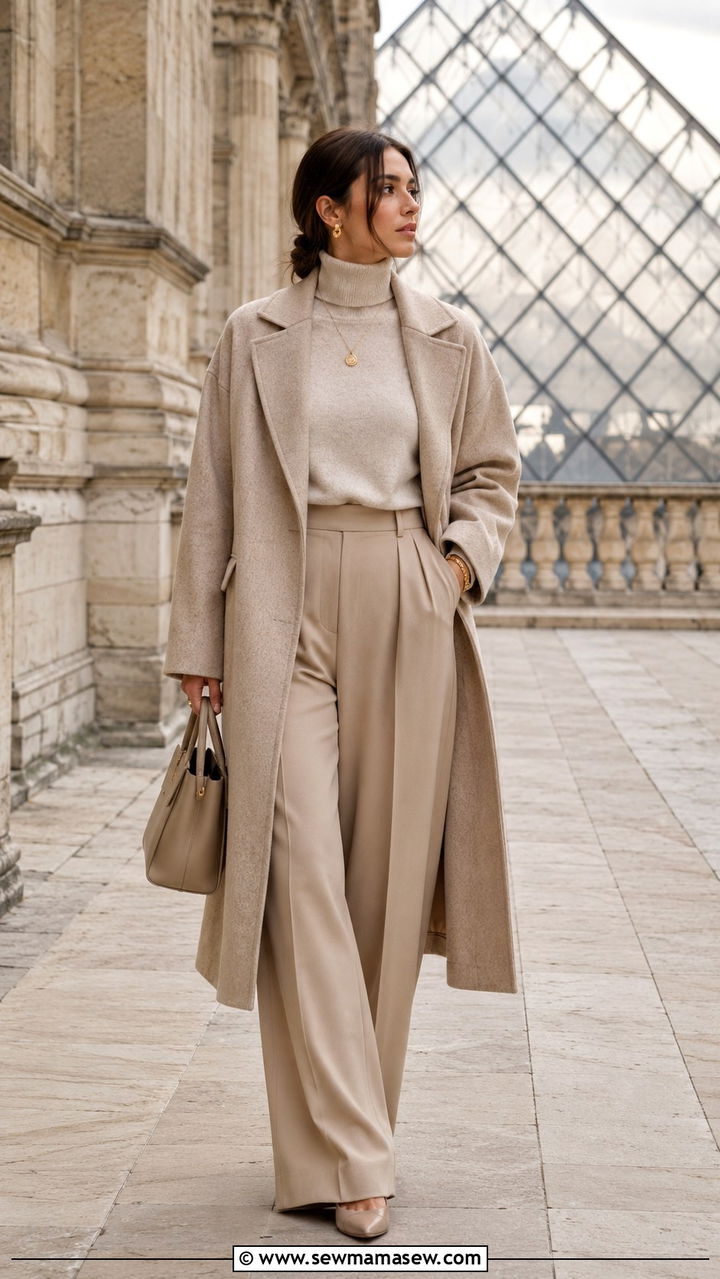 Monochrome Beige Ensemble With Gold Jewelry - 30 classy parisian outfit ideas