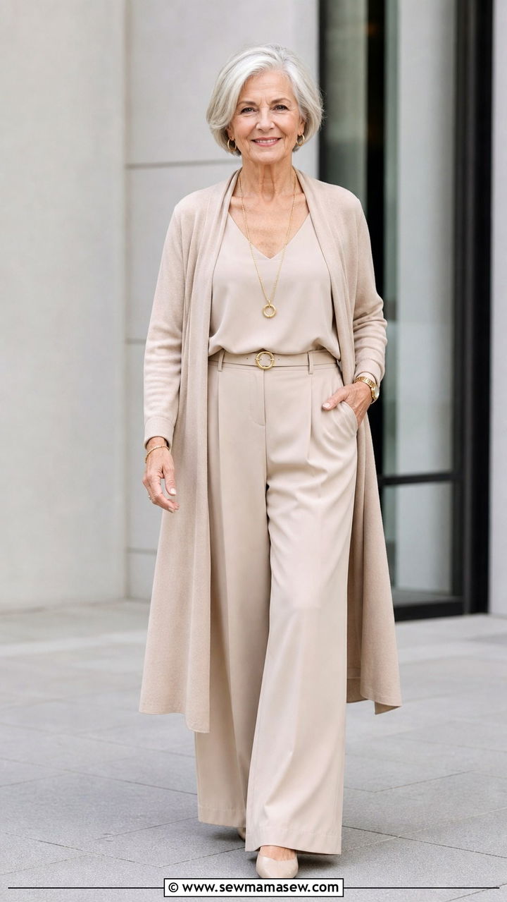 Monochrome Beige Ensemble with Gold Accents - 20 65 year old woman outfit ideas