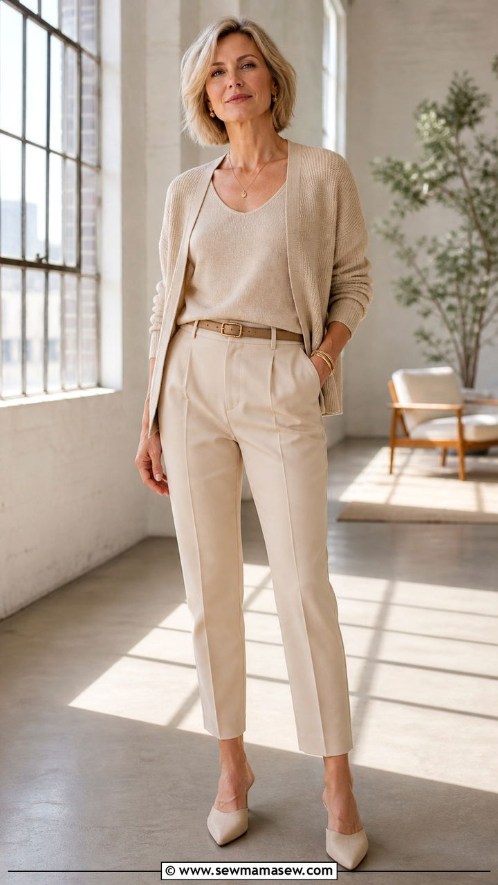 Monochrome Beige Ensemble with Tailored Trousers - 20 40 year old woman outfit ideas