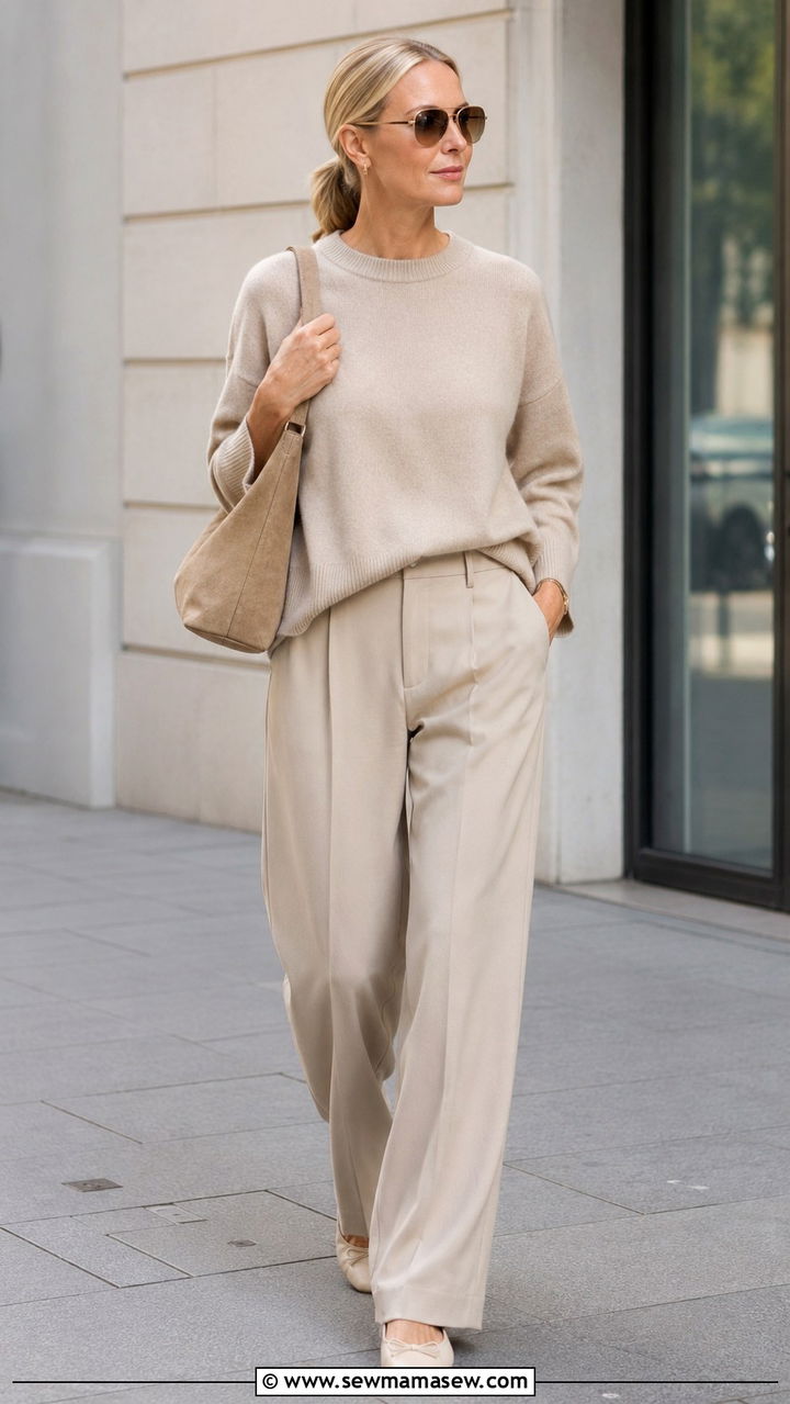 Monochrome Beige Ensemble with Wide Leg Trousers - 30 scandinavian outfit ideas for women over 40