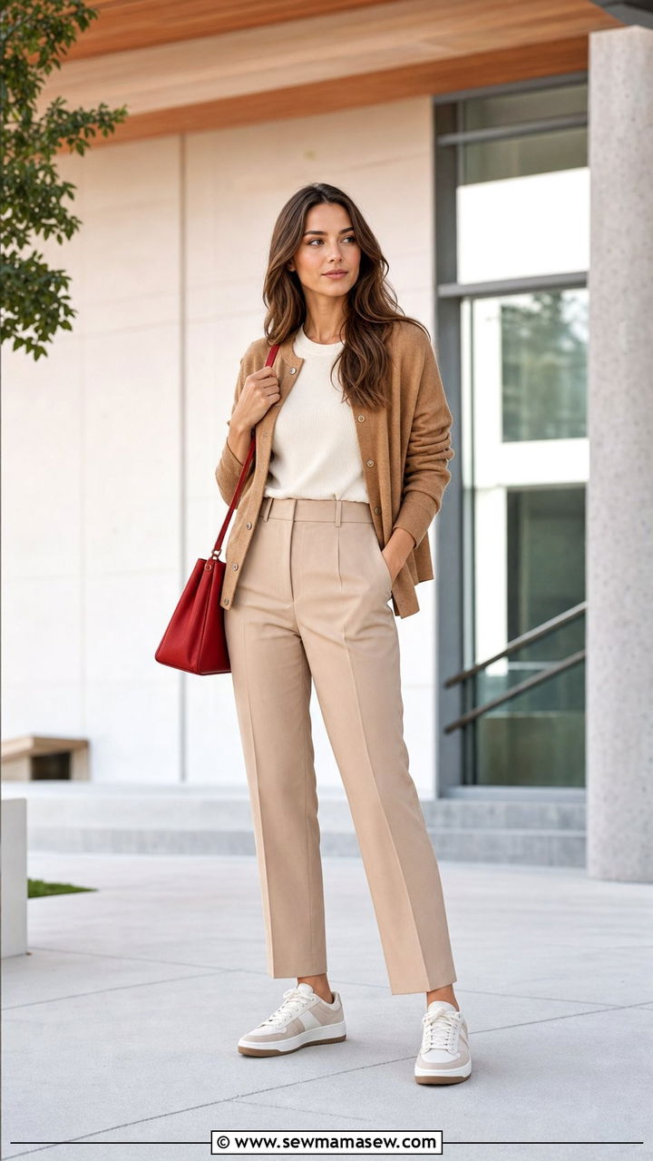 Monochrome Beige Ensemble with a Pop Color Bag - 35 Back to school outfit ideas 2026
