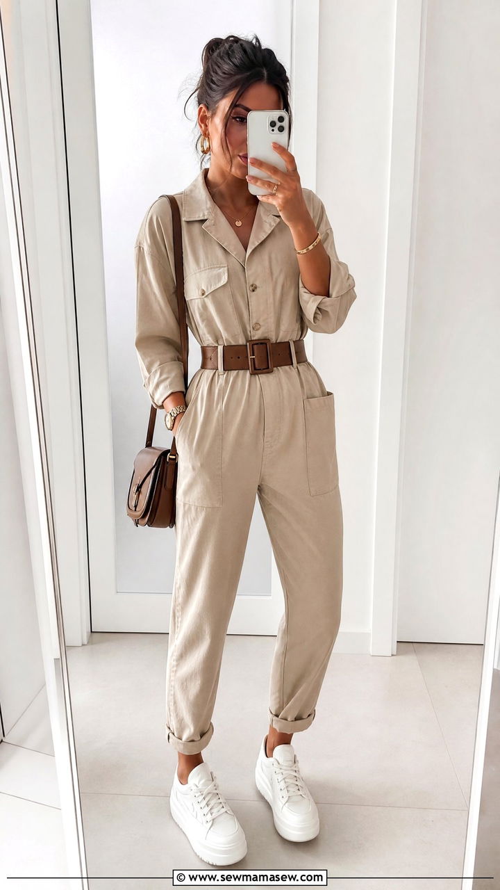 Monochrome Beige Jumpsuit with a Wide Belt and Platform Sneakers - 25 Brussels outfit ideas