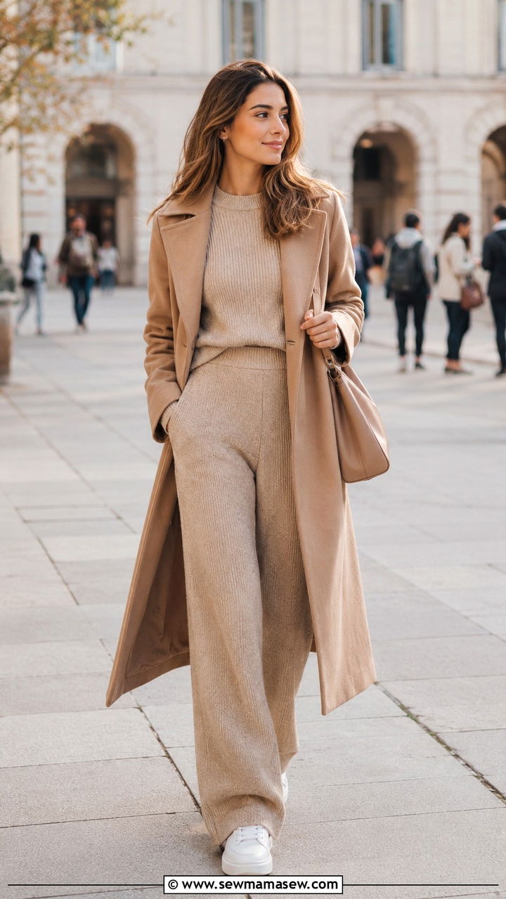 Monochrome Beige Knit Set With Long Coat And Sneakers - 30 classy college outfits