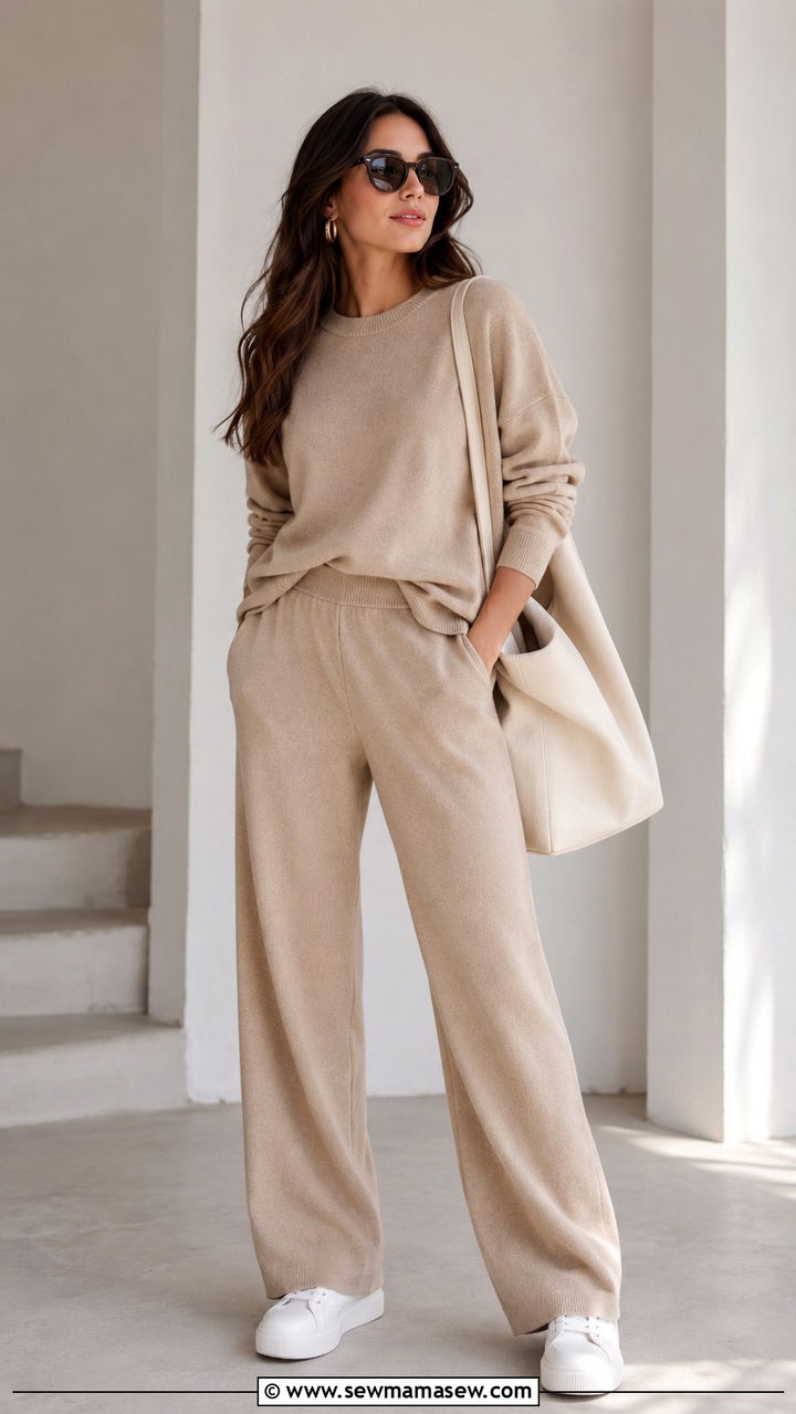 Monochrome Beige Knit Set With Sneakers And An Oversized Tote - 30 transitional neutral outfit ideas