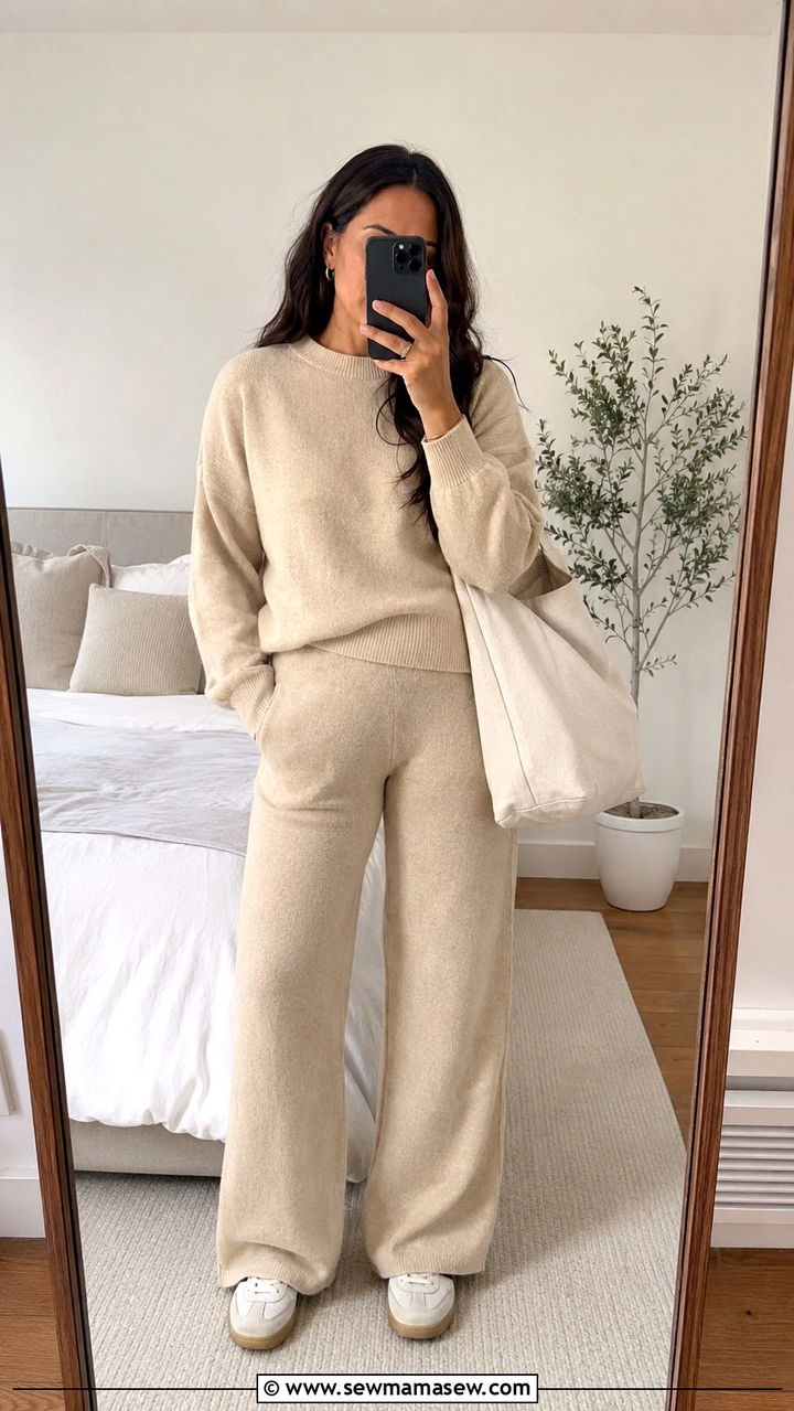 Monochrome Beige Knit Set with Sneakers - 30 transitional midsize outfit ideas
