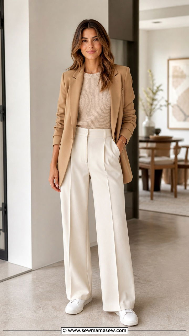 Monochrome Beige Layers With White Sneakers - 40 casual work outfits