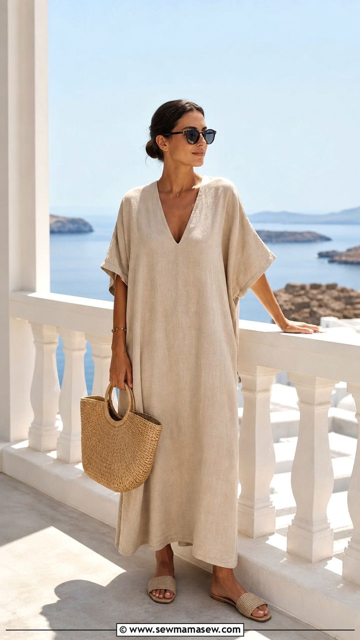 Monochrome Beige Linen Dress And Slides Outfit - 40 Sharm El Sheikh outfit ideas