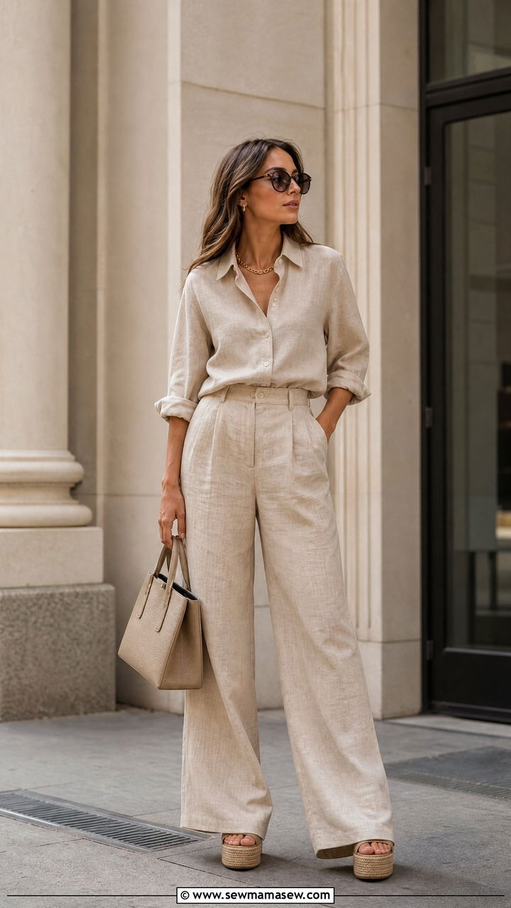 Monochrome Beige Linen Set - 35 Minimalist summer outfits