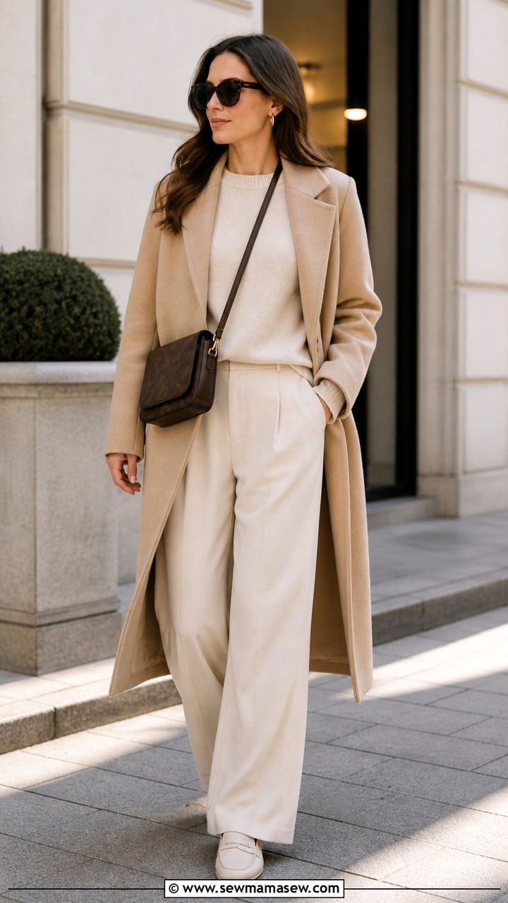 Monochrome Beige Look with Statement Coat - 40 Spring travel outfits