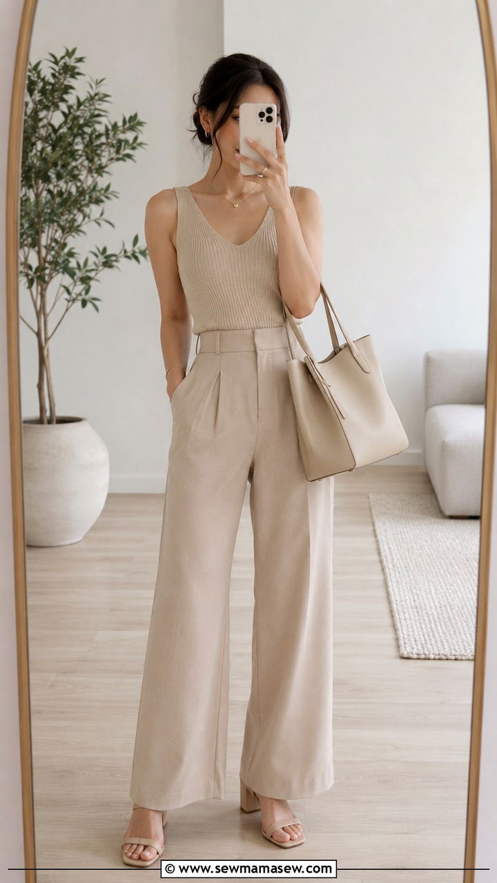 Monochrome Beige Matching Set Spring Outfit - 30 spring petite outfit ideas