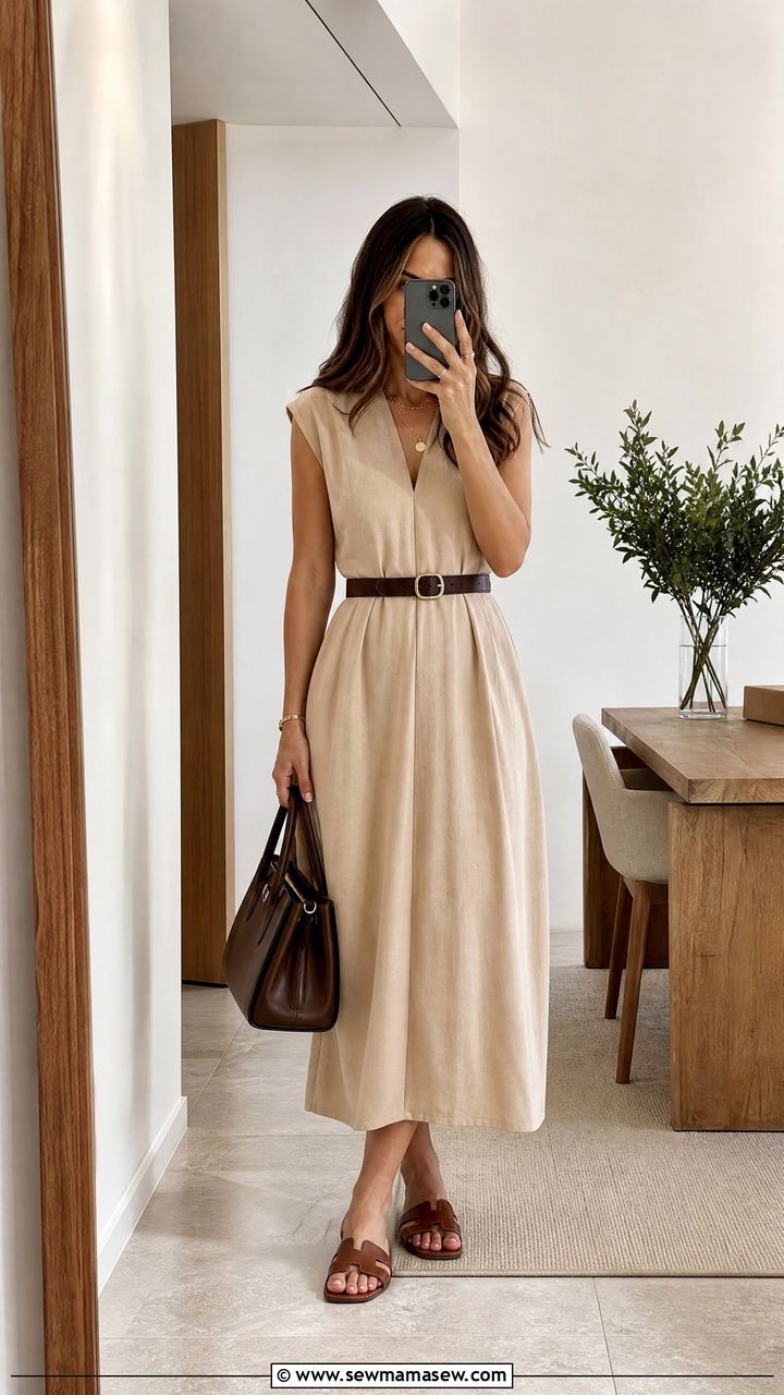 Monochrome Beige Midi Dress With Contrast Belt And Sandals - 25 Business casual outfits with midi dress