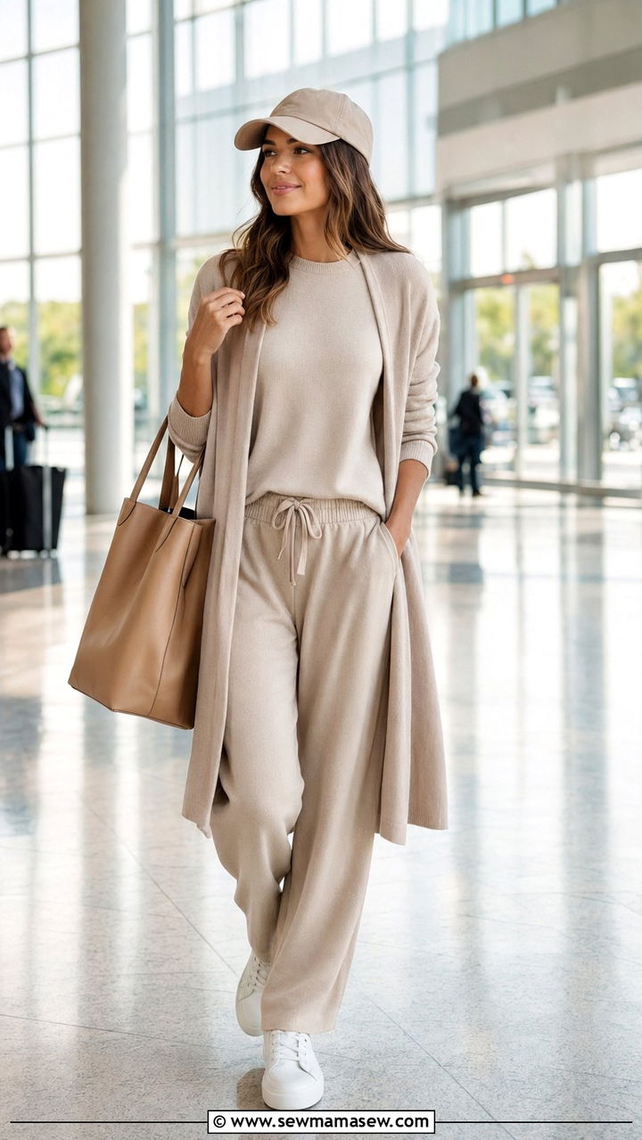 Monochrome Beige Outfit With Baseball Cap And Sneakers - 35 Airport outfit ideas with sneakers