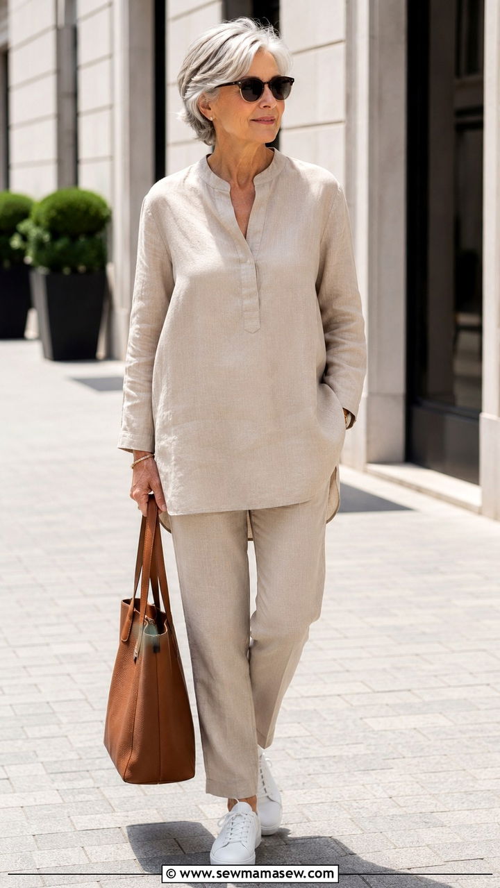 Monochrome Beige Outfit With White Sneakers - 30 Trendy outfits for women over 60