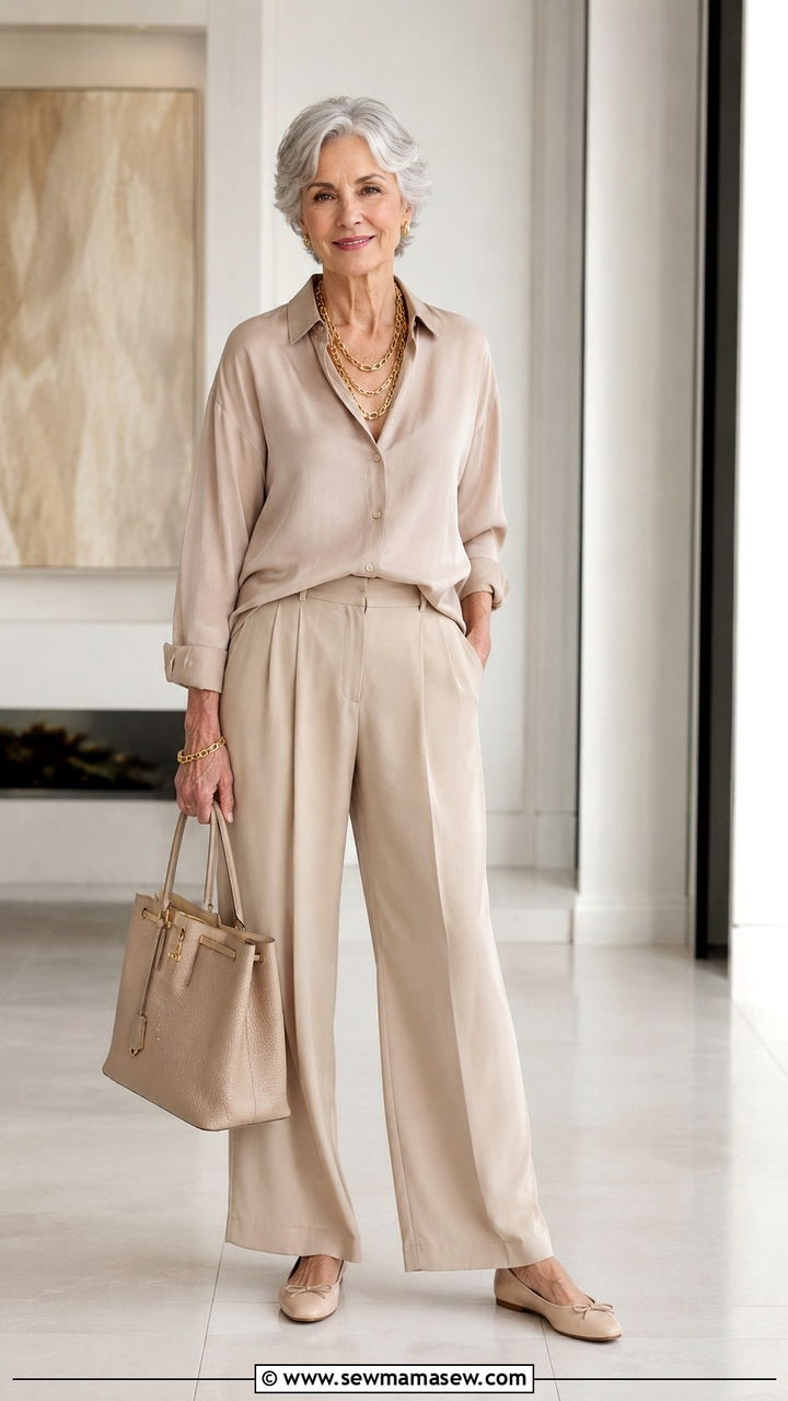 Monochrome Beige Outfit with Gold Accessories - 25 Weekend outfit ideas for women over 60