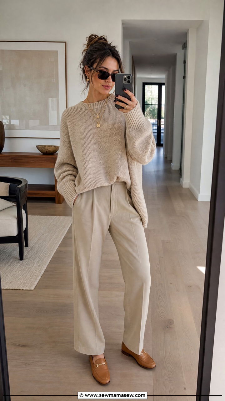 Monochrome Beige Outfit with Loafers - 25 Quiet luxury outfit ideas petite
