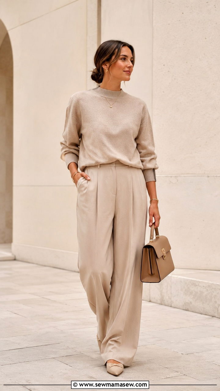 Monochrome Beige Outfit with Wide Leg Pants and Gold Jewelry - 30 spring pinterest outfit ideas