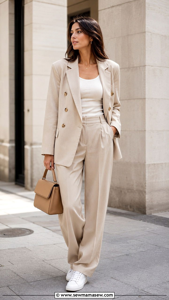 Monochrome Beige Oversized Blazer With Wide Leg Trousers - 30 Spring city outfits