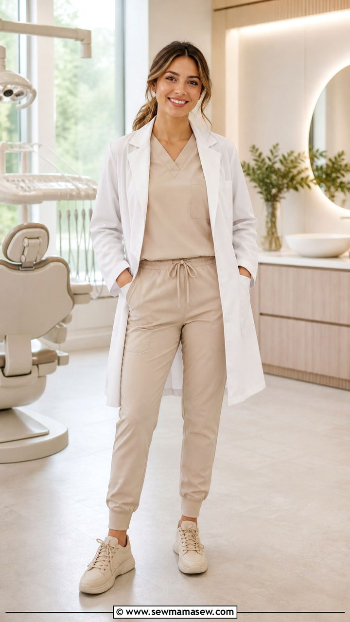 Monochrome Beige Scrub Set - 40 Dentist outfit ideas
