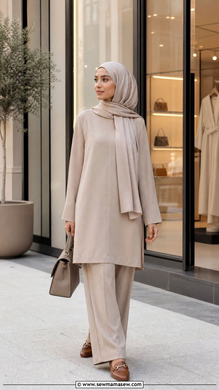 Monochrome Beige Set with Silk Hijab and Loafers - 25 casual outfits for hijab women