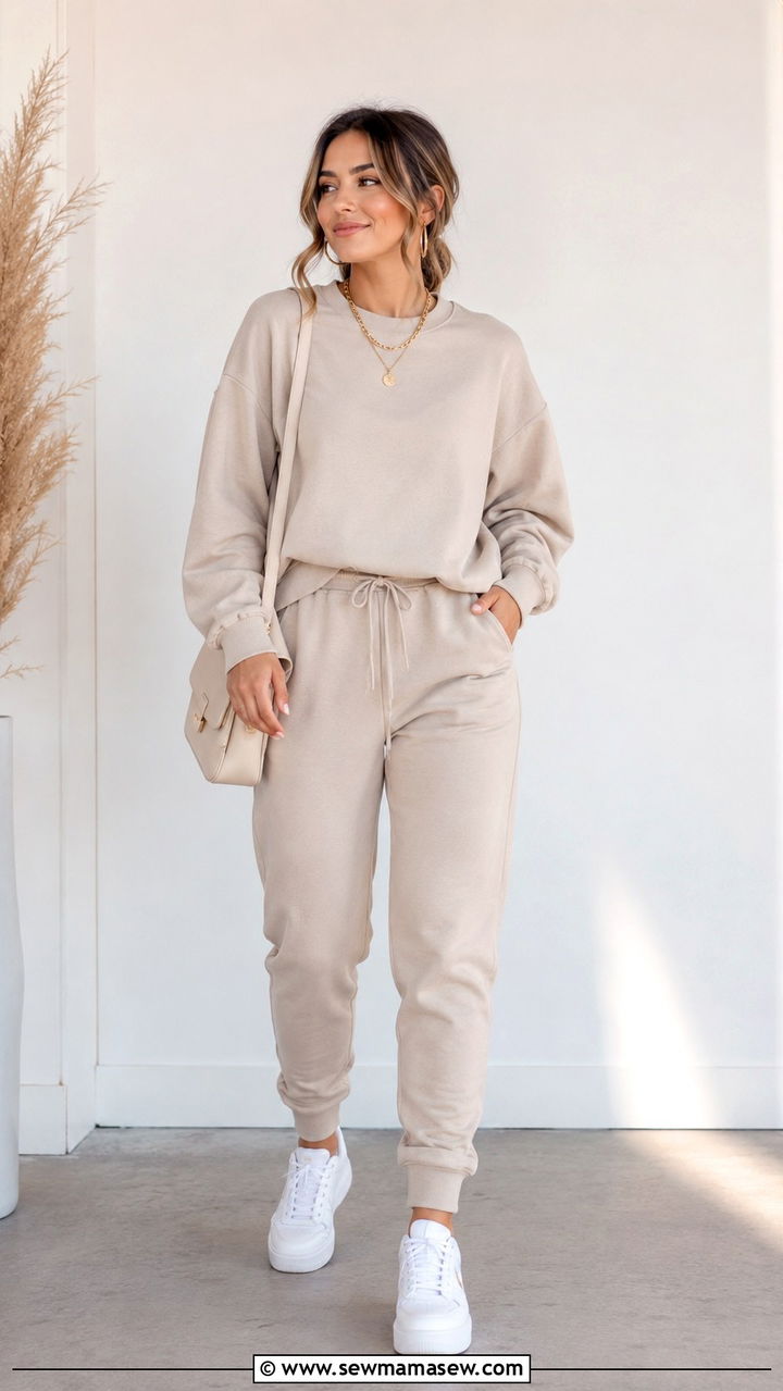 Monochrome Beige Set with White Sneakers and Gold Jewelry - 30 joggers outfit ideas for women