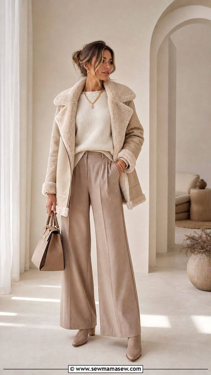 Monochrome Beige Shearling Jacket Outfit - 40 Shearling jacket outfit ideas