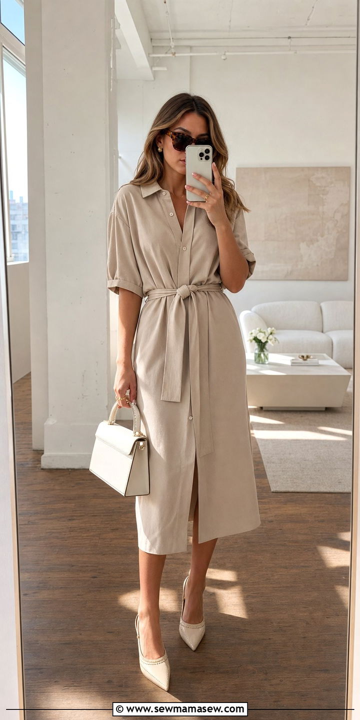 Monochrome Beige Shirt Dress With Contrast Heels - 25 Shirt dress outfit ideas with heels