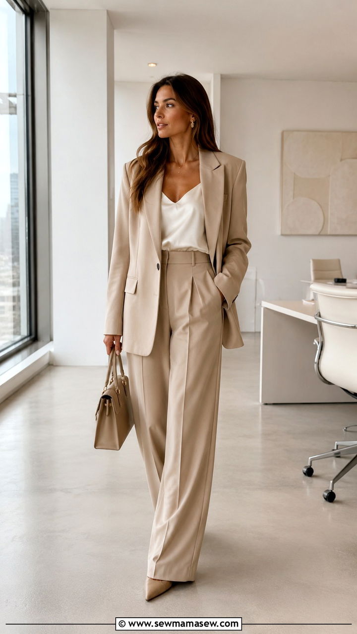 Monochrome Beige Suit With A Silk Cami - 30 Outfit ideas for working moms