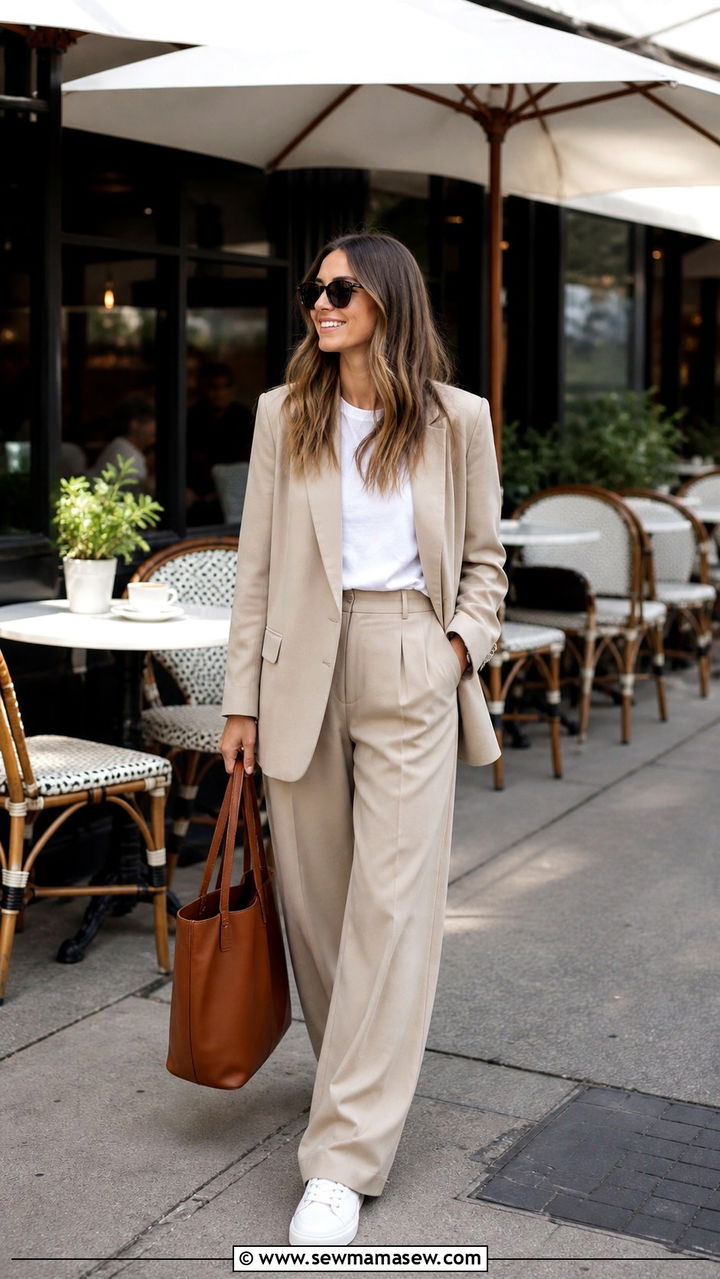 Monochrome Beige Suit With Sneakers - 40 Brunch outfit ideas