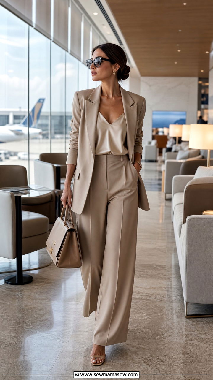 Monochrome Beige Suit with Silk Camisole and Heeled Sandals - 25 Old money outfit ideas for travel