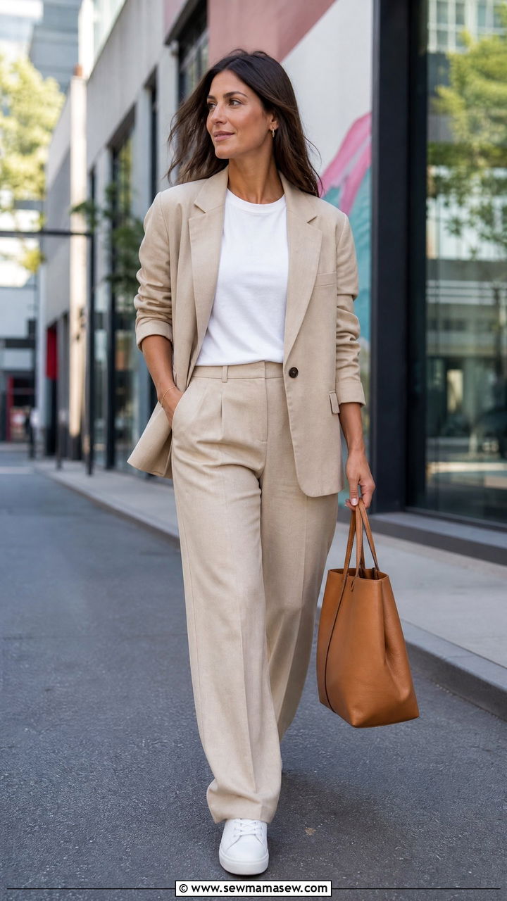 Monochrome Beige Suit with White Tee and Sneakers - 30 Marketing manager outfit ideas