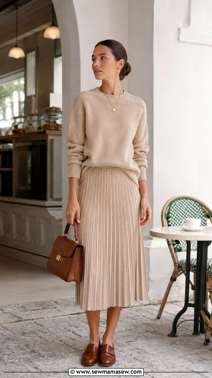 Monochrome Beige Sweater And Skirt Set With Loafers - 25 Preppy outfit ideas for college