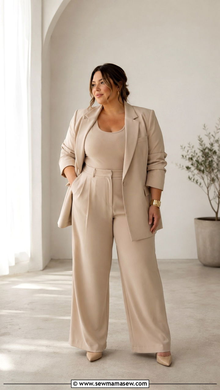 Monochrome Beige Tank With Trousers and Blazer With Nude Heels - 25 Plus size outfit ideas clean girl
