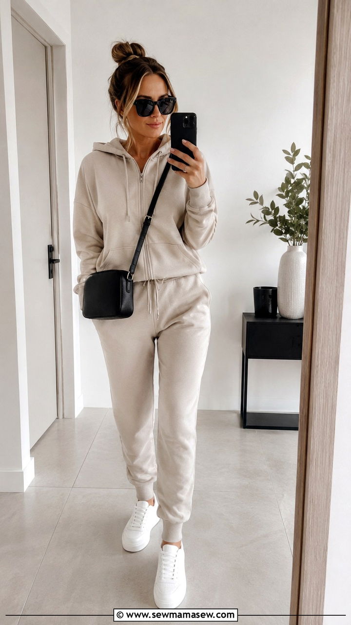 Monochrome Beige Tracksuit with Crossbody Bag - 30 Travel outfit ideas for moms