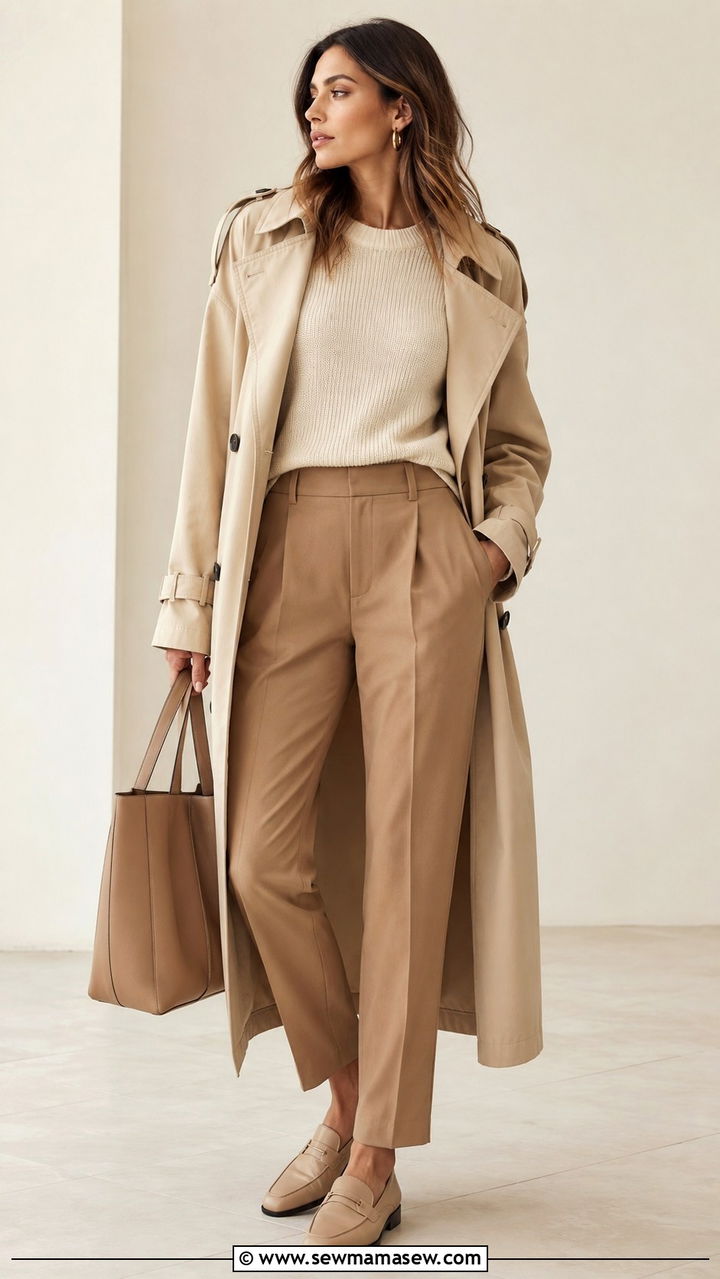 Monochrome Beige Trench Outfit With Tailored Trousers - 30 Quiet luxury outfit ideas with trench coat