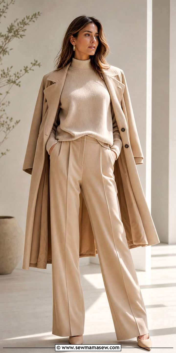 Monochrome Beige Trousers and Sweater - 25 elegant outfits inspo