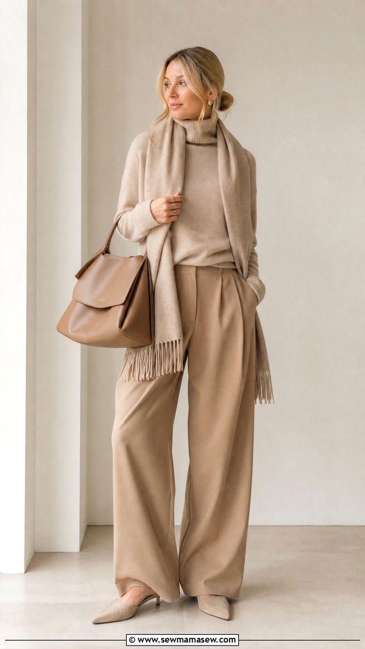 Monochrome Beige Turtleneck With Slouchy Wool Trousers - 25 Quiet luxury outfit ideas The Row style
