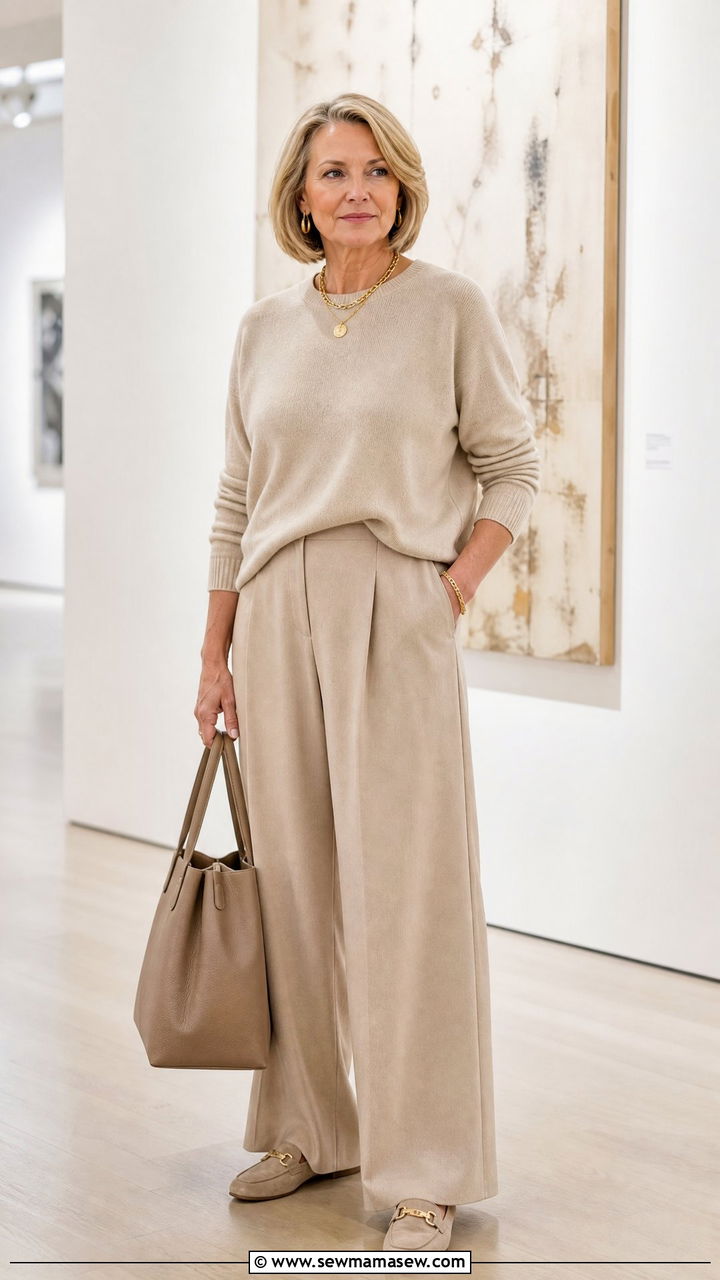 Monochrome Beige Wide Leg Pants and Sweater Outfit - 25 Midsize outfits for women over 60