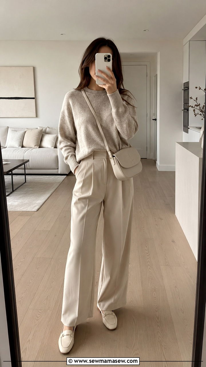 Monochrome Beige Wide Leg Trousers Outfit - 30 casual quiet luxury outfits