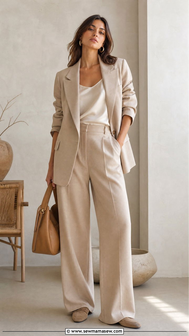 Monochrome Beige With Oversized Blazer and Wide Leg Pants - 25 Caroline de Maigret outfit ideas