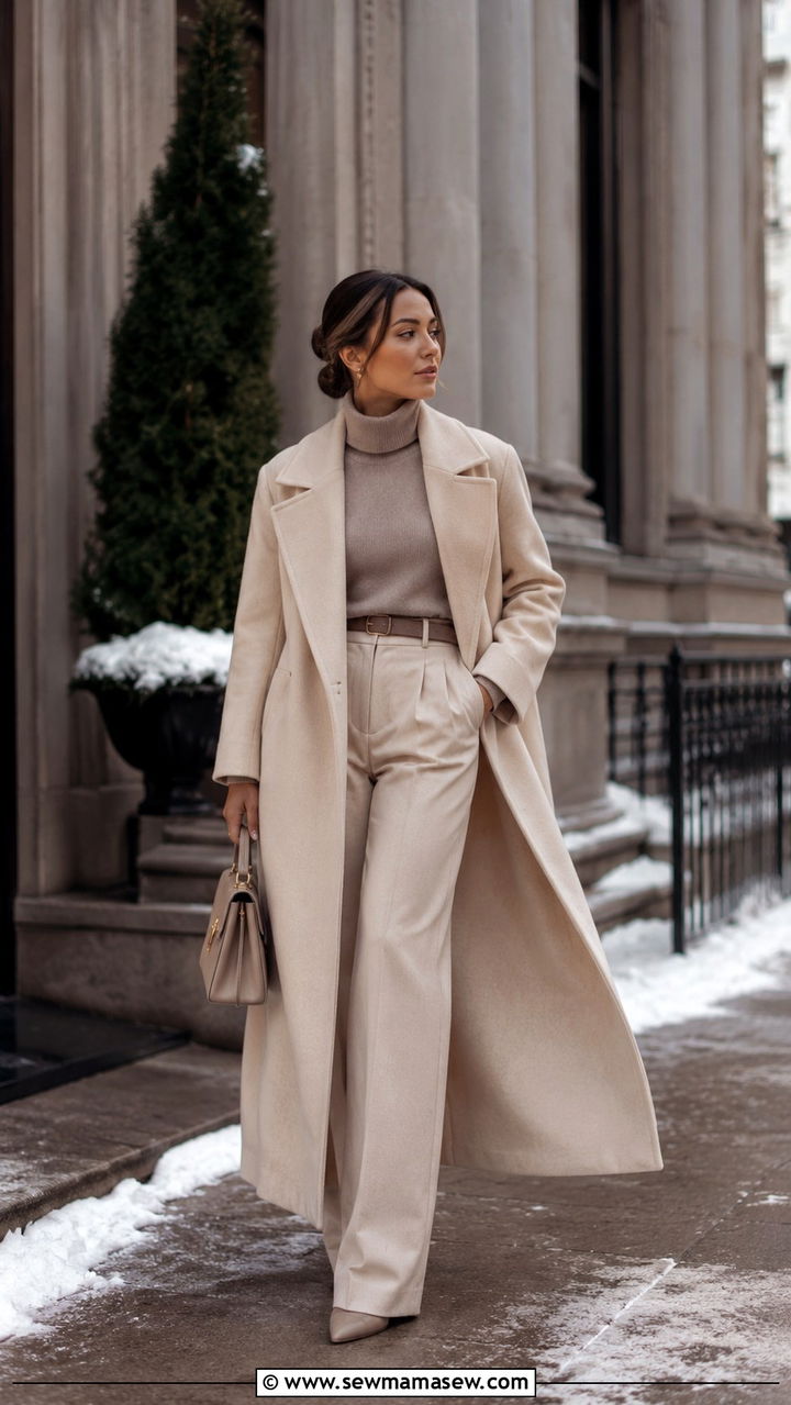 Monochrome Beige Wool Coat and Taupe Turtleneck - 30 Old money outfits for petite women