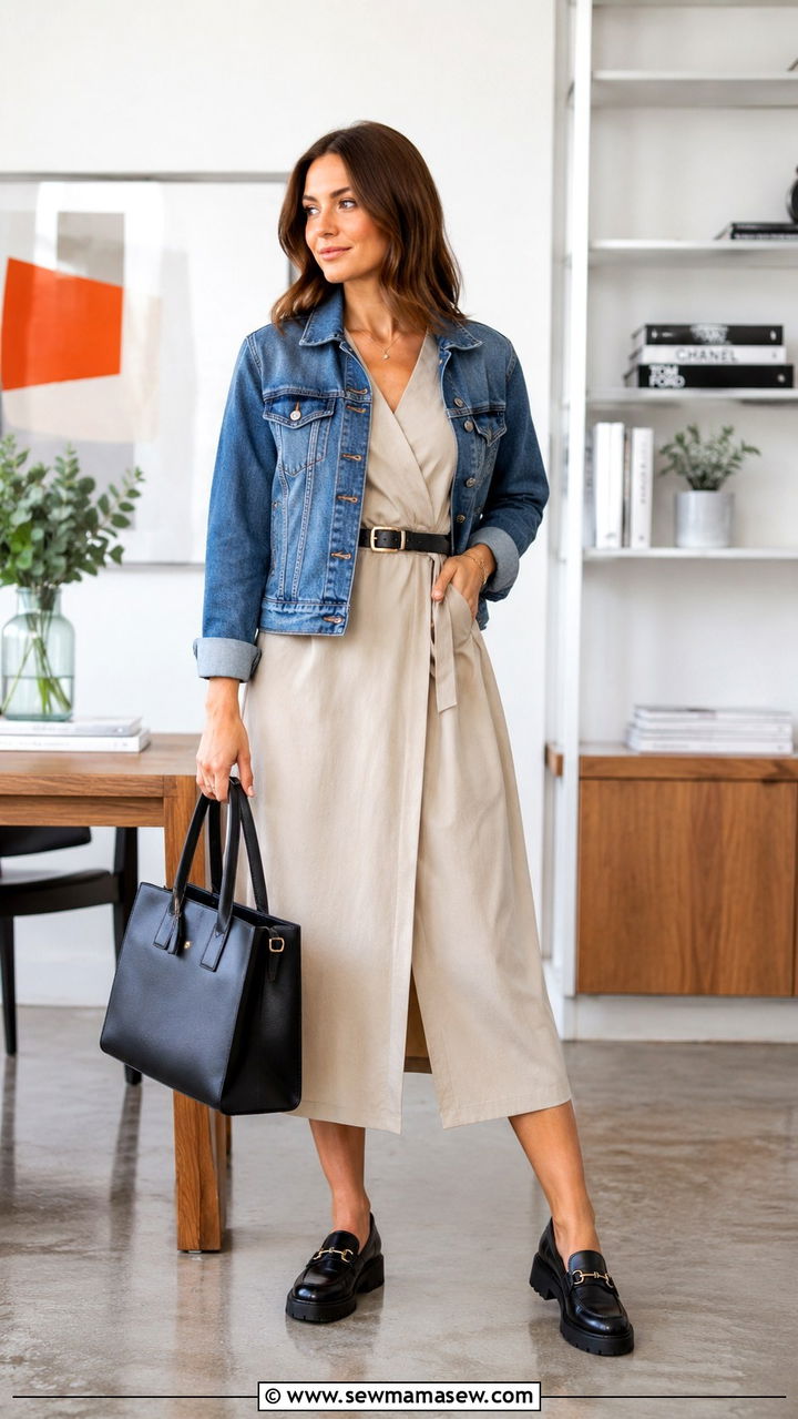 Monochrome Beige Wrap Dress With Denim Jacket and Chunky Loafers - 25 Wrap dress outfit ideas with a denim jacket